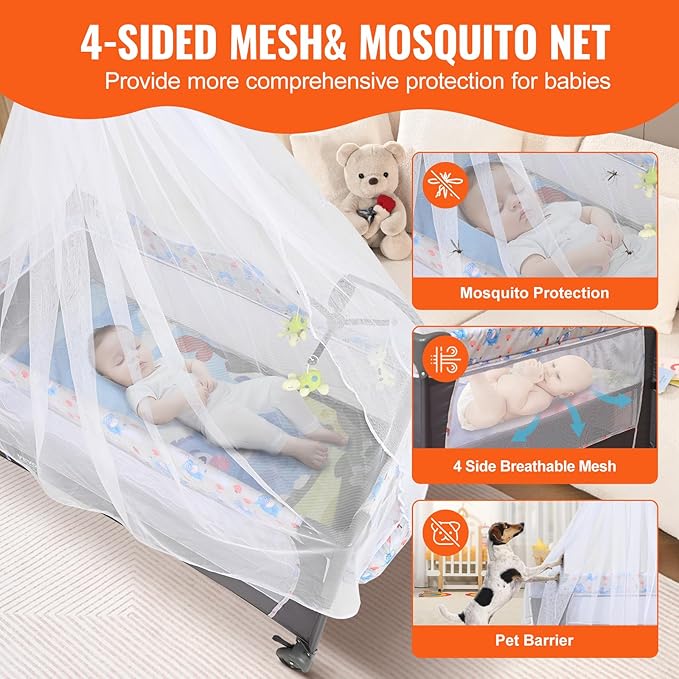 VEVOR Baby Bassinet, Pack and Play Bassinet Fold Portable Baby Bedside Sleeper Crib with Changing Table, Baby Playards Bed with Mosquito Net(Two Wheels)…