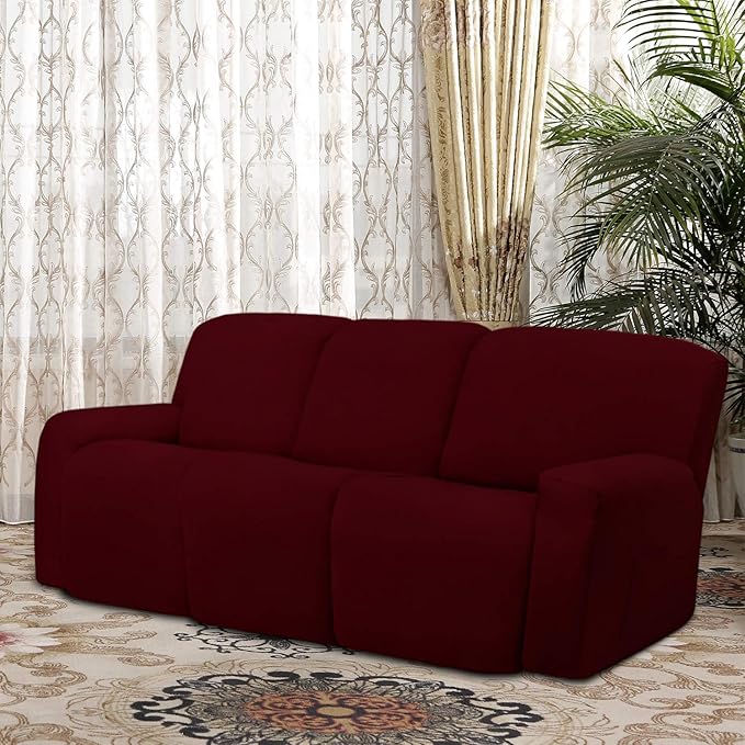 Easy-Going 8 Pieces Microfiber Stretch Sectional Recliner Sofa Slipcover Soft Fitted Fleece 3 Seats Couch Cover Washable Furniture Protector with Elasticity for Kids Pet(Recliner Sofa, Wine)