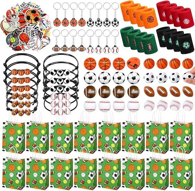 Aoriher 162 Pcs Sport Party Favors, Sport Party Gift Bag Fillers Foam Sports Balls Tattoo Stickers Keychains Sticker Charm Bracelets Sport Wristband Pull Back Cars for Party Supplies