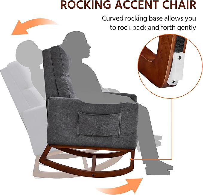 Yaheetech Rocking Chair, Upholstered Glider Chair with Side Pocket, Nursery Chair with High Backrest and Rubber Wood Legs, Rocking Accent Armchair for Living Room Bedroom Nursery, Gray