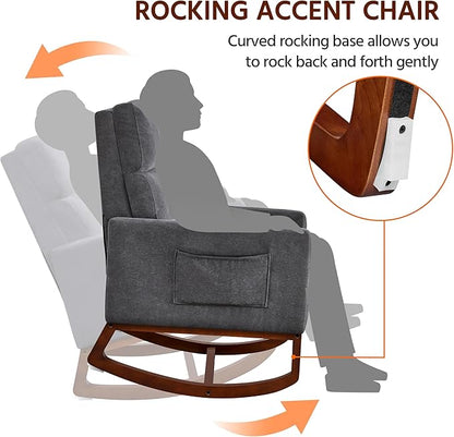 Yaheetech Rocking Chair, Upholstered Glider Chair with Side Pocket, Nursery Chair with High Backrest and Rubber Wood Legs, Rocking Accent Armchair for Living Room Bedroom Nursery, Gray