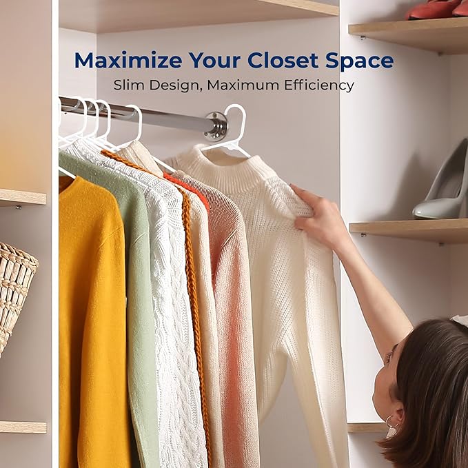 SereneLife White Plastic Hangers 200 Pcs, Durable Hanger Set with Slip Design, Tubular Hangers with 2 Integrated Strap Hooks, Mega Pack for Clothes