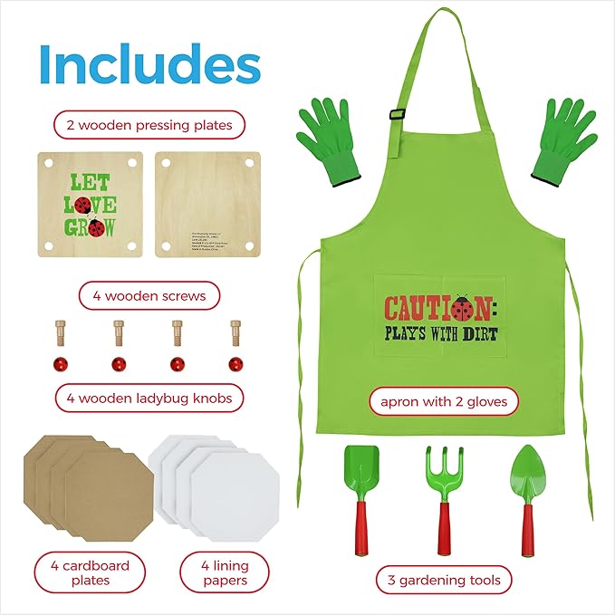 Gardening Pretend Play Set & Flower Press Kit - Kids Gardening Set with Apron, Pair of Gloves, 3 Gardening Tools, Wooden Flower & Leaf Press - Safe Outdoor Gardening Tools for Kids & Teens