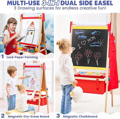 Art Easel for Kids Easel, Adjustable Wooden Kids Drawing Easel with Magnetic Whiteboard & Chalkboard, Kids Dry Erase Board,Easel for Kids Ages 3 4-8 9-12, Red w/Bag