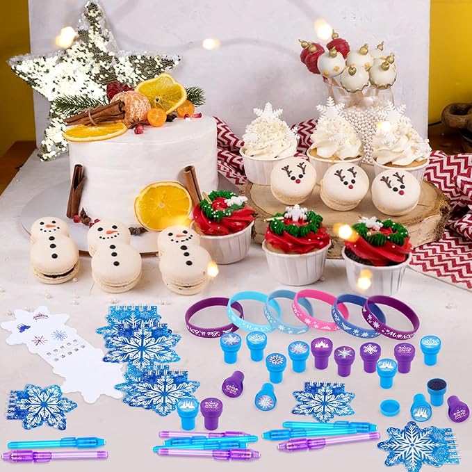 67 Pcs Frozen Party Favors Set, Winter Wonderland Birthday Supplies Party Favors Christmas Gifts for Girls Kids, Snow Theme Gift Set with Pens, Snowflake Gift Bag, Stamps Sticker for Gift