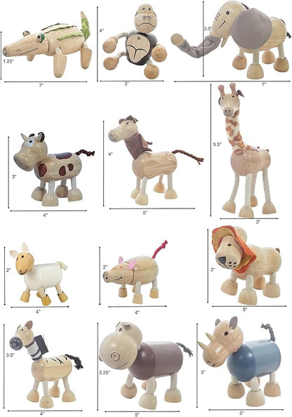 TEKOR Bendable Wooden Animal Toys (Set of 12) | Ages 3 & up | Fun & Posable Animals for Toddlers | Preschool Montessori Toys | Smooth Natural Wood | Endless Play for Girls & Boys