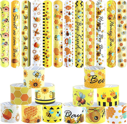48pcs Bee Slap Bracelets Honeycomb Wristbands Assorted Color Bee Theme Party Favors Sunflower Wristband Honeybee Yellow Bee Birthday Slap Bands Baby Shower for Classroom Prizes