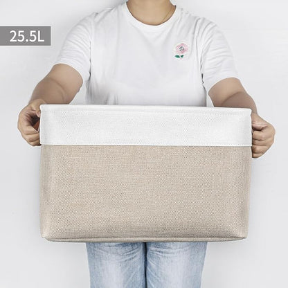 Bagnizer Storage Bins Large Fabric Storage Baskets for Shelves 3 Pack, Decorative Linen Closet Baskets with Handles for Organizing, Shelf, Clothes, Home, Office, 15x11x9.5Inches (Beige&White)