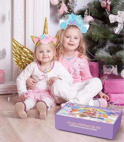 Jeowoqao Girls Dress Up with LED Light, Princess Dress Pretend Play Costumes, Toddler Girls Dress up Set Tutu Skirts, Wings, Princess Shoes Toys Gift for Girls 3 4 5 6 Years