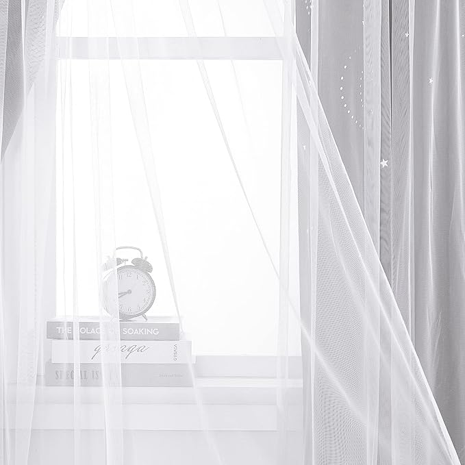 NICETOWN Star and Moon Hollow-Out Curtains for Kids Room, White Voile Overlay Princess with Blackout Curtains 2 Layer Grommet Window Drapes for Baby Bedroom/Halloween, 2 Panels (52W x 63L, Grey)
