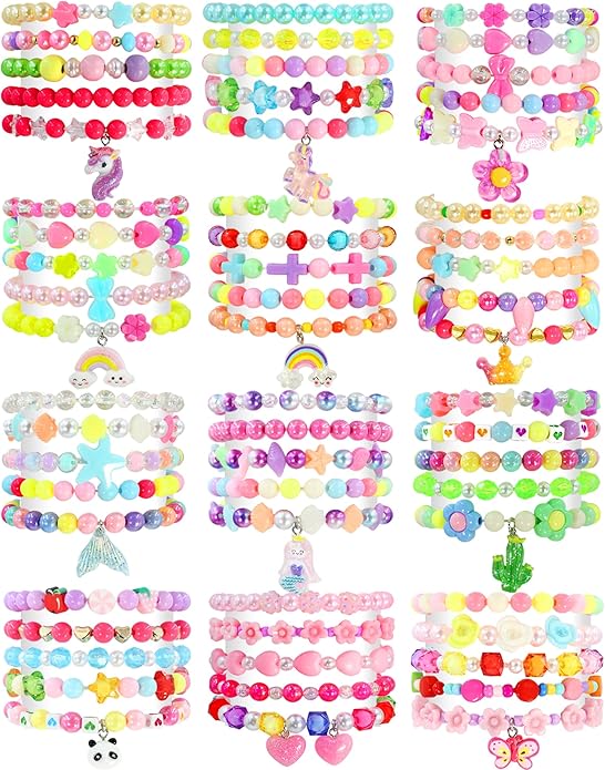 60 pcs Colorful Kids Friendship Bracelet Sets, Stackable Elastic Cute Beaded Bracelets Princess Pretend Play Bracelet Preppy Bracelets Bulk Set for Women Gift