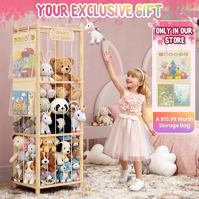 Stuffed Animal Storage - Large Wooden Toy Storage Organizer with 1 Removable Hanging Storage Net, Plush Toy Organizer for Kids' Rooms, Bedroom, Playroom or Nurseries