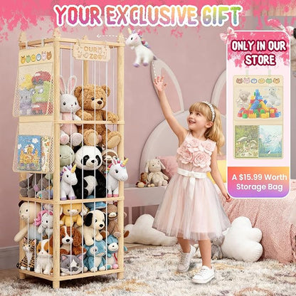 Stuffed Animal Storage - Large Wooden Toy Storage Organizer with 1 Removable Hanging Storage Net, Plush Toy Organizer for Kids' Rooms, Bedroom, Playroom or Nurseries