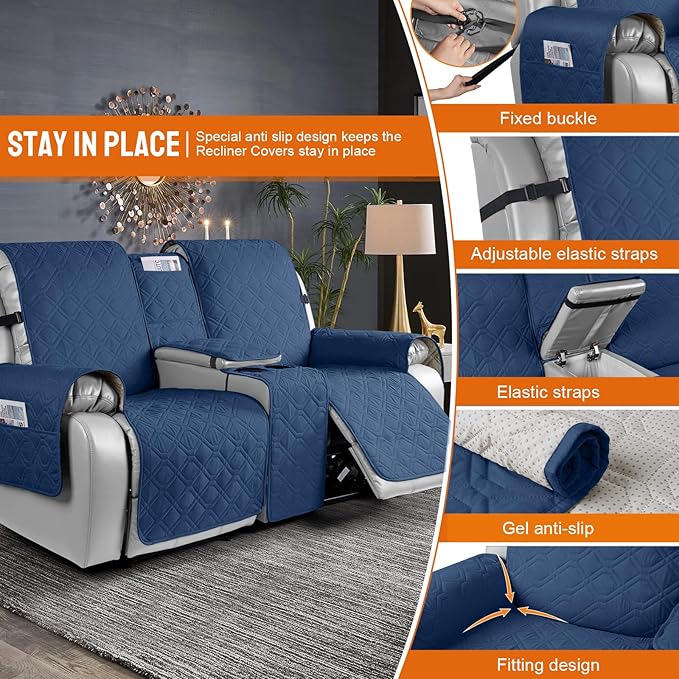 VANSOFY Loveseat Recliner Cover with Console 100% Waterproof Sofa Slipcovers Non-Slip Reclining Couch Cover Split Sofa Covers Furniture Protector for Pets, Dogs(Ocean Blue)