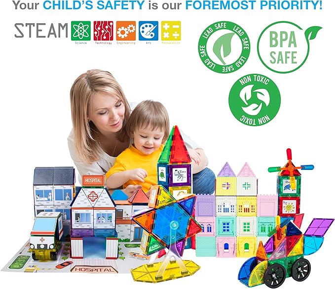PicassoTiles Master Builder Magnetic Early Educational Toy Building Block Kit with 3 in 1 Playboard for Kid,Baby Ages 3 and Up, STEM Construction with School, Bus, Hospital, Police Station, 300 Piece