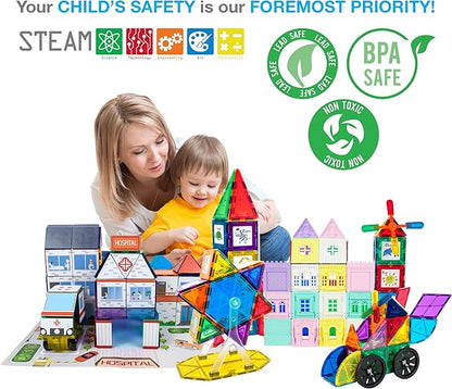 PicassoTiles Master Builder Magnetic Early Educational Toy Building Block Kit with 3 in 1 Playboard for Kid,Baby Ages 3 and Up, STEM Construction with School, Bus, Hospital, Police Station, 300 Piece
