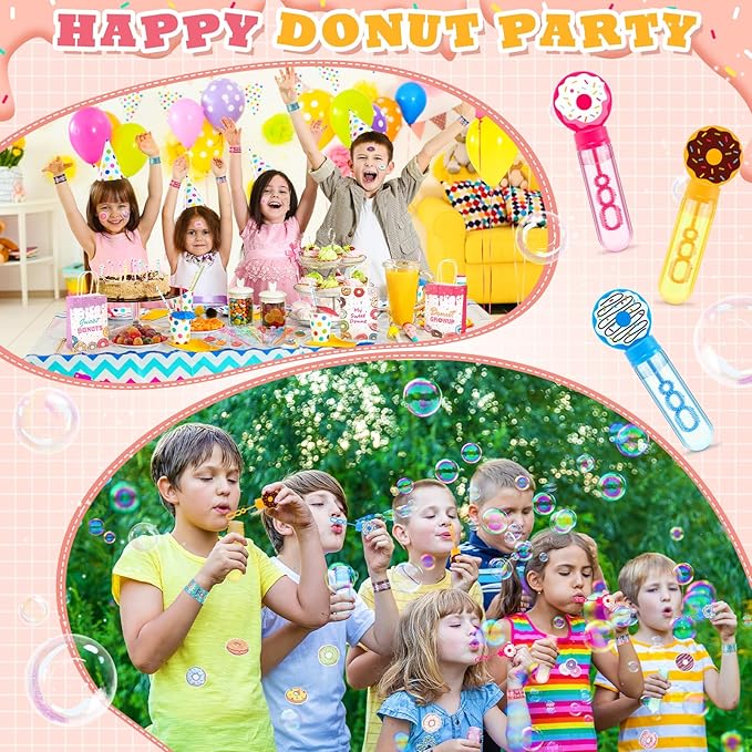 110 Pcs Donut Party Favors Include 12 Mini Donut Bubble Wands 12 Straws 12 Keychains 12 Donut Party Bags 12 Snap Bracelets 50 Stickers for Doughnut Birthday Party Gift Goodie Bag Fillers