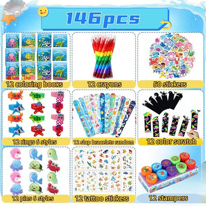 146Pcs Ocean Party Favors for Toddlers Kids 4-8 Under The Sea Animals Coloring Books with Crayons Bulk Birthday Supplies Tattoo Stickers Stamper Bracelets School Classroom Reward Gift Goodie Bags