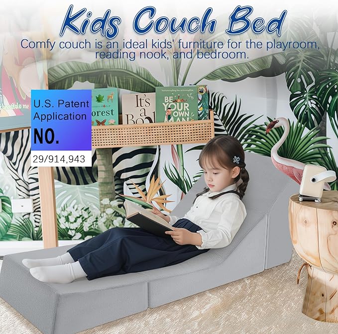 MeMoreCool Toddler Couch Fold Out Sofa Bed, Kids Lounge Chair Foldable Floor Lounger, 3-in-1 Folding Children Chair Bed, Pull Out Recliner for Toddlers 1-3, Grey