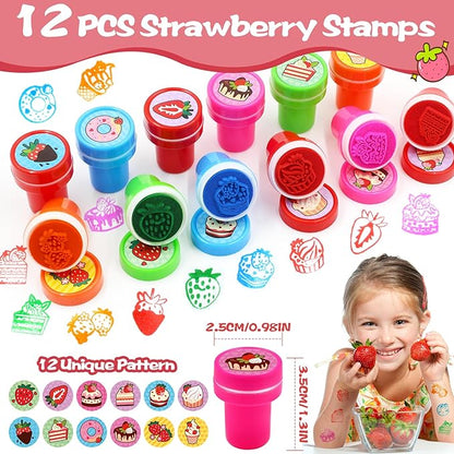 110 PCS Strawberry Party Favors Set - Berry Birthday Supplies for Kids Girls Includes Drinking Straws, Keychains, Silicone Bracelets, Sticker Strawberry Pinata Filler Goodie Bag Fillers
