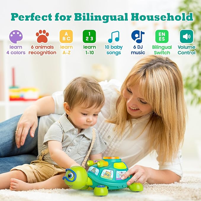 Baby Toys 6-12 Months, Musical Turtle Tummy Time Developmental Crawling Toy for 6 7 8 9 10 Months, Educational Bilingual Infant Toy 6-9-12 Months, Baby Boy Girl Birthday Gifts