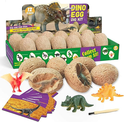 XXTOYS 𝐃𝐢𝐧𝐨 𝐄𝐠𝐠 𝐃𝐢𝐠 𝐊𝐢𝐭, Dig a Dozen Dinosaur Eggs Excavation Kits with 12 Unique Dinosaur Toys, Dinosaur Dig for Kids, Easter Party Archaeology Paleontology Educational Science STEM Gift