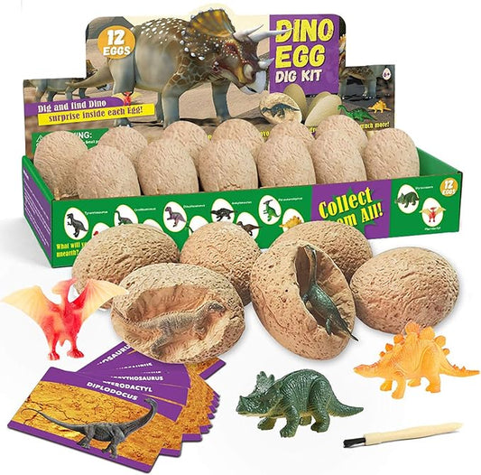 XXTOYS 𝐃𝐢𝐧𝐨 𝐄𝐠𝐠 𝐃𝐢𝐠 𝐊𝐢𝐭, Dig a Dozen Dinosaur Eggs Excavation Kits with 12 Unique Dinosaur Toys, Dinosaur Dig for Kids, Easter Party Archaeology Paleontology Educational Science STEM Gift