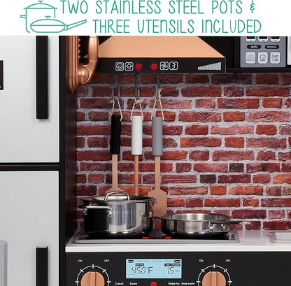 Lil' Jumbl Jumbl Kids Kitchen Set, Pretend Wooden Play Kitchen, Battery Operated Icemaker, Microwave, Range Hood, Stove Top, Oven, with Realistic Sound & Lights, Pots, Pan, & Utensils Included