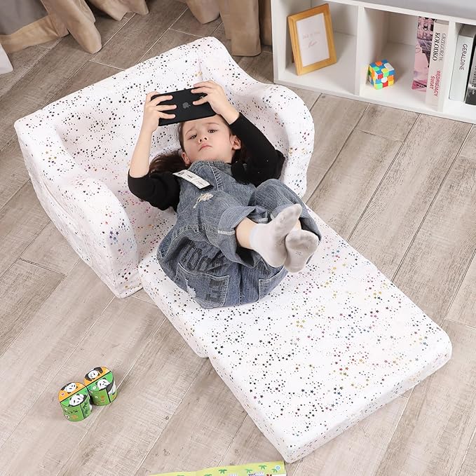 Shiny Star Toddler Couch, 2-in-1 Toddler Soft Couch Fold Out with Star Pillow, Convertible Sofa to Lounger for Girls and Boys, 1-Seat