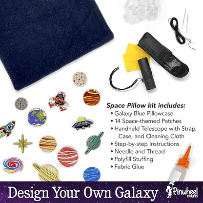 Pinwheel Crafts Beginner Sewing Kit for Kids 8-12 with Telescope - Astronomy Solar System Easy Sew Space Pillow Kit with Planet Patches - Make Your Own Plush Craft