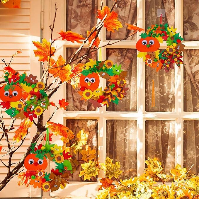 Winlyn 12 Sets Fall Craft Kits Kids Thanksgiving Halloween Pumpkin Crafts DIY Fall Foam Wreath Signs Decorations Art Sets Autumn Leaf Pumpkin Stickers Arts and Crafts for Kids Classroom Acitivities