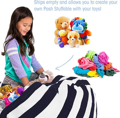 Posh Stuffable Kids Stuffed Animal Storage Bean Bag Chair Cover - Childrens Toy Organizer, X-Large 48" - Canvas Stripes Blue and White