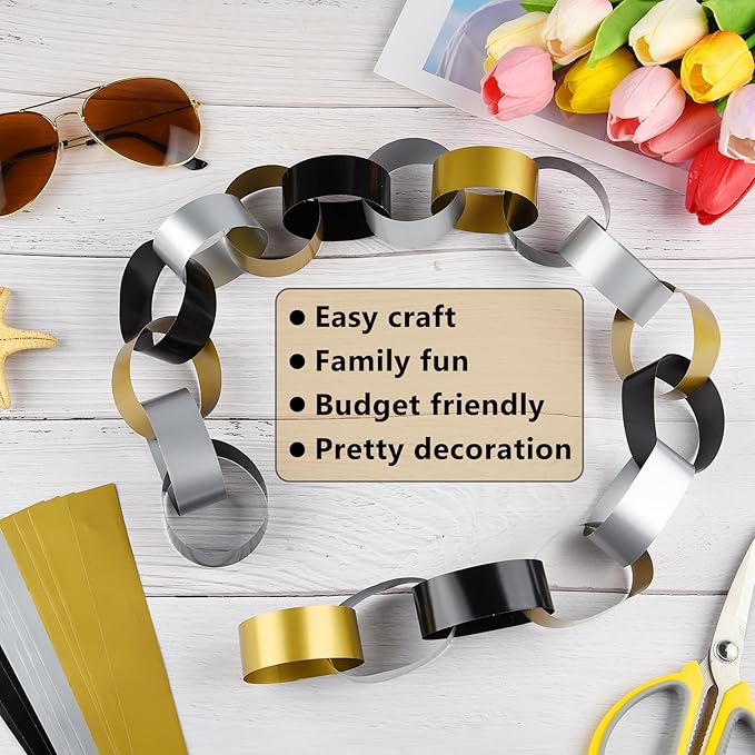CHRORINE 600Pcs Colorful Paper Chains Strips for Birthday Party Decorations DIY Crafts Supplies (Gold Silver Black, 1 x 7.08 inches)