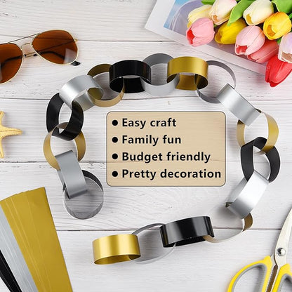 CHRORINE 600Pcs Colorful Paper Chains Strips for Birthday Party Decorations DIY Crafts Supplies (Gold Silver Black, 1 x 7.08 inches)