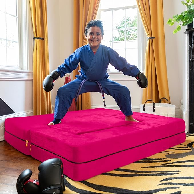 Jaxx Zipline Sofa & Large Ottoman 3 in 1 Fold Out Sofa, Big Kids Edition, Fuchsia, 17454