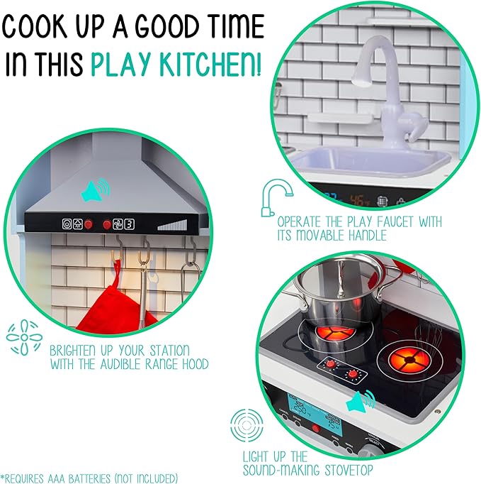 Lil' Jumbl Kids Blue Small Kitchen Set, Pretend Wooden Play Kitchen, Includes Range Hood, Microwave, Stove Top, Oven That Make Realistic Sound & Light, Pots, Pan, Cutting Board & Utensils Included,