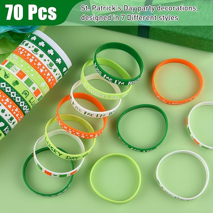 Morcheiong 70 Pcs St. Patrick's Day Silicone Bracelets Pink Red Party Favors Classic Rubber Wristbands for Kids Adults St. Patrick's Day Party Decorations