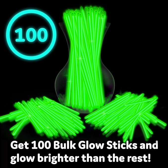 PartySticks Green Glow Sticks Party Supplies 100pk - 8 Inch Glow in the Dark Light Up Sticks Party Favors, Glow Party Decorations, Neon Party Glow Necklaces and Glow Bracelets with Connectors