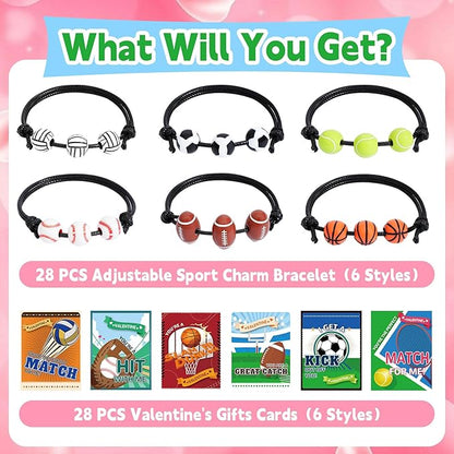 Erweicet Valentines Sports Party Favor 30 PCS Sports Charm Bracelets Adjustable Baseball Soccer Bead Ball Wristbands with Valentines Day Gift Cards for Kids Classroom Gift Exchange