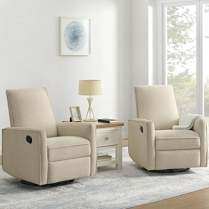 Upholstered Recliner Swivel Glider Nursery Chair Reclining Performance Fabric Rocker with Metal Base,Basketweave,Oat