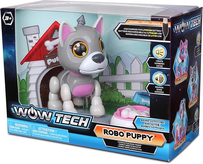 NKOK USB PetBotz - Robo Puppy, Rechargeable, Miniature, Interactive pet Robot, Lights up, Sound Activated, Makes Noises on Command, Comes with pet Bowl and Bone, USB Charger Included