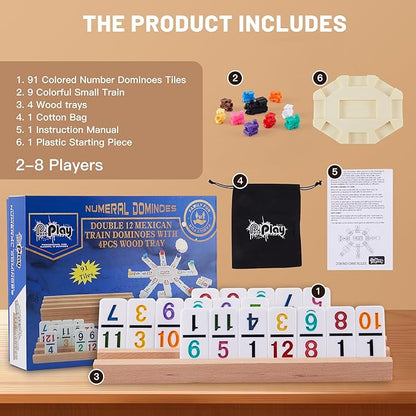 Mexican Train Dominoes Set with Numbers - Double 12 Colored Number Dominoes - Includes 91 Tiles with 9 Trains, 4 Wooden Trays and Storage Bag for 2-8 Players Ages 8+