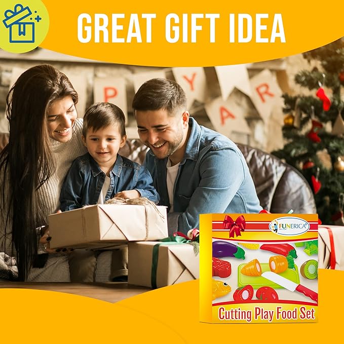 FUNERICA Cuttable Play Food, Fruits and Vegetables for Kids, Pretend Kitchen Toy Accessories Set with Knives, Cutting Board, Plates - Cutting Food for Toddlers and Kids