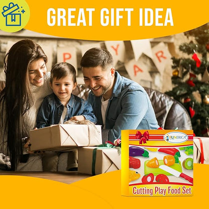 FUNERICA Cuttable Play Food, Fruits and Vegetables for Kids, Pretend Kitchen Toy Accessories Set with Knives, Cutting Board, Plates - Cutting Food for Toddlers and Kids