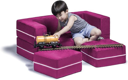 Jaxx Zipline Kids Modular Loveseat & Ottomans, Fold Out Lounger, Fuchsia
