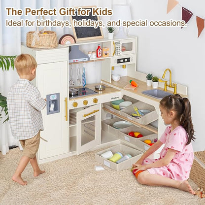 Corner Play Kitchen for Kids Kitchen Playset with Toy Storage System, Wooden Toy Kitchen Set with Plenty of Play Features, Toddler Kitchen Set for Boys and Girls Ages 3+ (White)