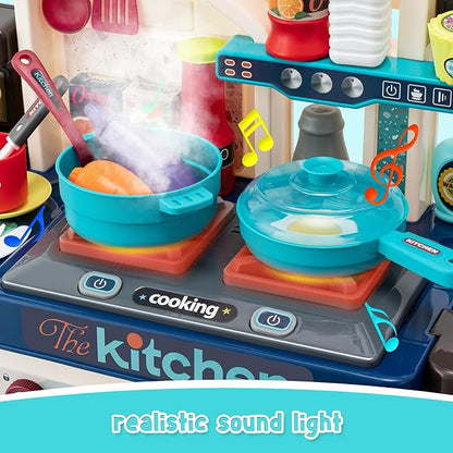 Kids Kitchen Playset-53pcs Cooking Stove,Paly Sink,Oven,Kitchen Toys with Realistic Lights&Sounds，Pretend Play Toys,Kitchen Toys for Toddler 1 2 3(Blue)