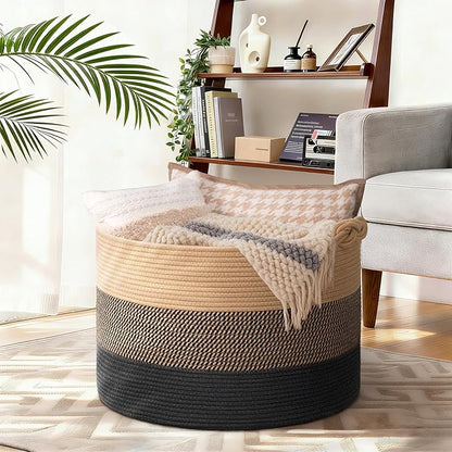 CherryNow 22"x22"x14" Large Blanket Basket, Home Décor for Living Room Bedroom, Decorative Wicker Woven Basket for Clothes, Toy Storage Basket for Kids, Camel Mix & Black