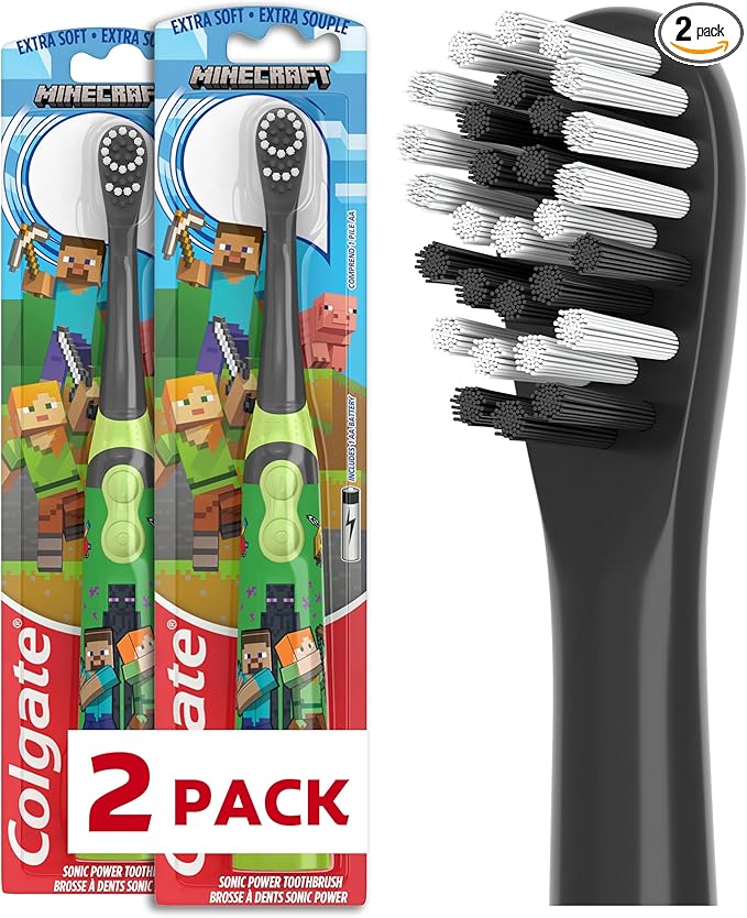 Colgate Kids Battery Powered Minecraft Toothbrush, Extra Soft Kids Battery Toothbrush with 1 AA Battery Included, Made for Ages 3 and Up, Features Easy On and Off Switch, Flat Lay Handle, 1 Count