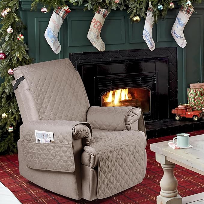 Ruaozz 100% Waterproof Recliner Chair Cover Non-Slip Oversized Reclining Cover for Large Recliner Chair Washable Chair Seat Cover with Elastic Straps for Kids, Dogs, Pets (Pale Brown, 28'')